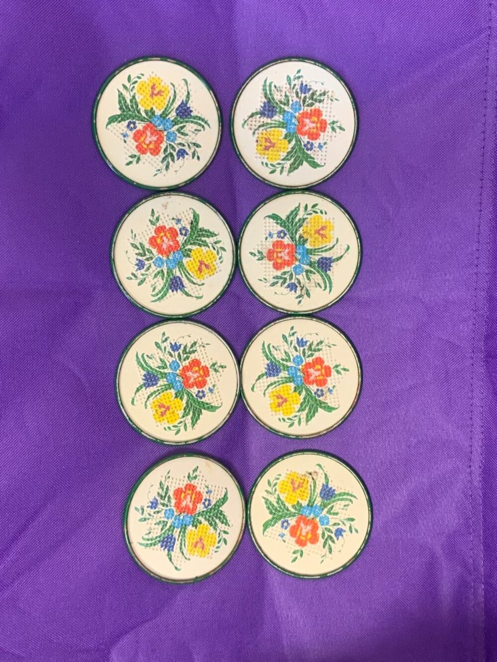 DRINKWARE - 8pc set 1950s Vintage Metal Floral Coasters lithograph coasters MCM